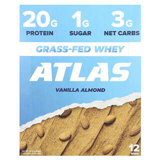 Atlas Bar, Grass-Fed Whey Protein Bar, Molkenproteinriegel von grasgefütterten Kühen, Vanille-Mandel, 12 Riegel, je 54 g (1,9 oz.).