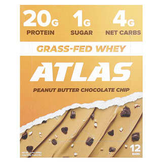 Atlas Bar, сывороточный протеиновый батончик от коров травяного откорма, арахисовая паста и шоколадная крошка, 12 батончиков по 54 г (1,9 унции)