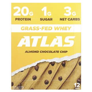 Atlas Bar, Barre de protéines de lactosérum d'animaux nourris à l'herbe, pépites de chocolat et d’amandes, 12 barres, 54 g pièce