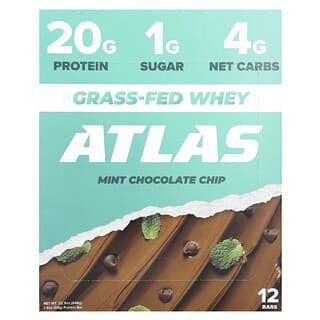 Atlas Bar, Barre de protéines de lactosérum provenant d'animaux nourris à l'herbe, pépites de chocolat et menthe, 12 barres, 54 g pièce