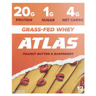 Atlas Bar, Grass-Fed Whey Protein Bar, Molkenproteinriegel von grasgefütterten Kühen, Erdnussbutter und Himbeere, 12 Riegel, je 54 g (1,9 oz.).