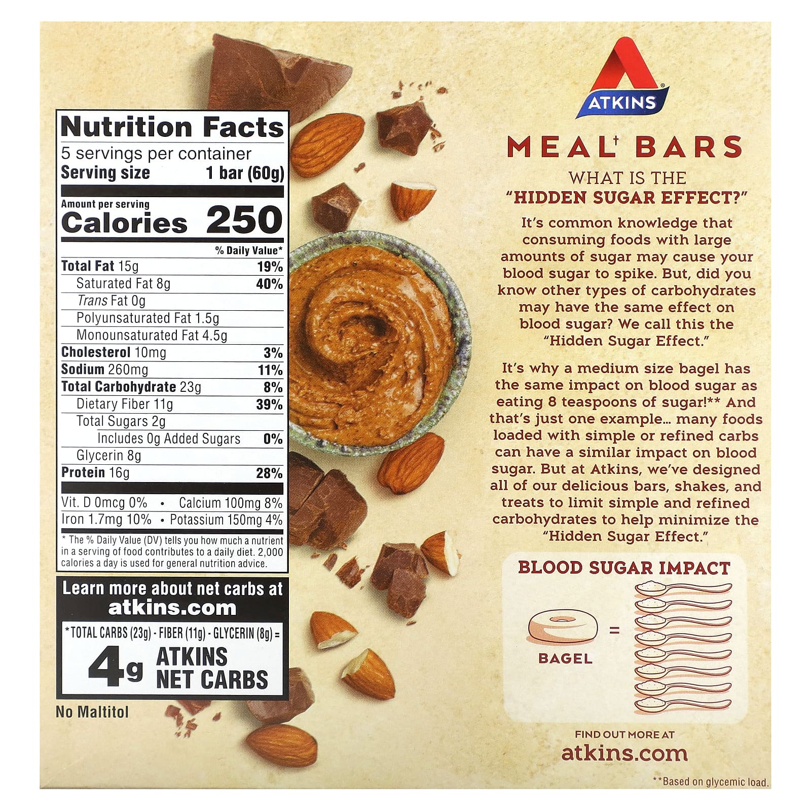Atkins, 식사 대용 단백질 바, 초콜릿 아몬드 버터 바, 바 5개, 각 60g(2.12oz) Atkins, 식사 대용 단백질 바, 초콜릿 아몬드 버터 바, 바 5개, 각 60G(2.12Oz)