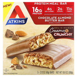 Atkins, Barrita de harina con proteínas, Barrita de mantequilla de almendras y chocolate`` 5 barritas, 60 g (2,12 oz) cada una