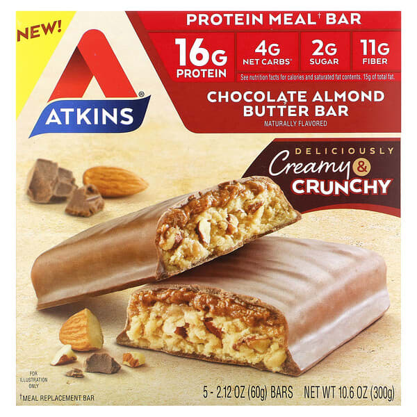 Atkins, プロテインミールバー、チョコレートアーモンドバターバー、5本、各60g（2.12オンス）