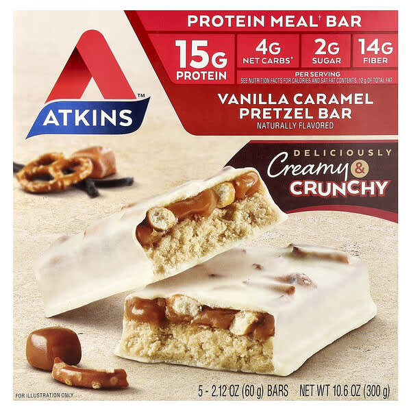 Atkins, Protein Meal Bar, Vanilla Caramel Pretzel, 5 Bars, 2.12 oz (60 g) Each
