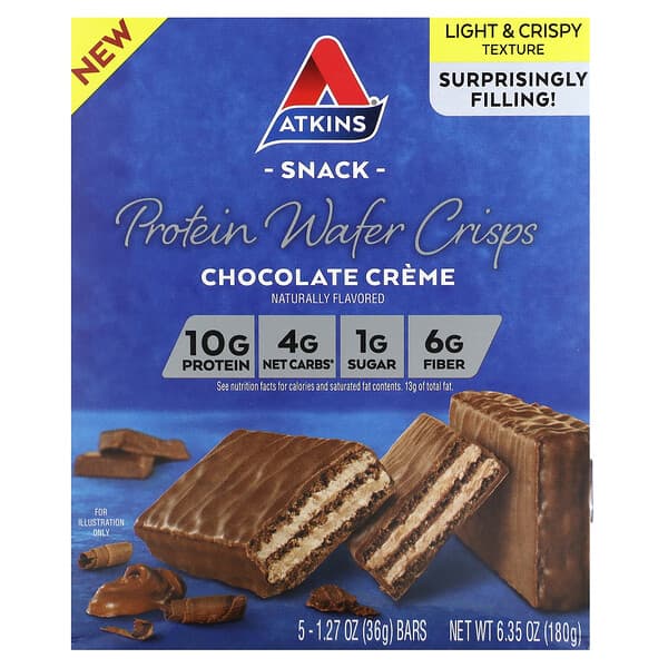 Atkins, Snack, Protein Wafer Crisps, Chocolate Creme, 5 Bars, 1.27 oz ...