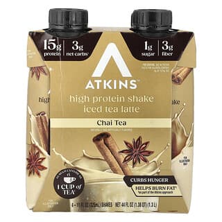 Atkins, Shake Proteico de Latte e Chá Gelado, Chai, 4 Shakes, 325 ml (11 fl oz) Cada