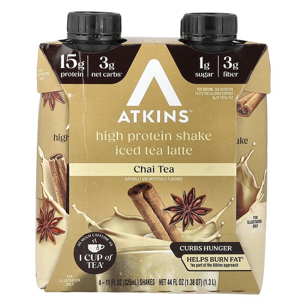 Atkins, 아이스티 라떼, 고단백질 셰이크, 차이티, 셰이크 4개, 개당 325ml(11fl oz)