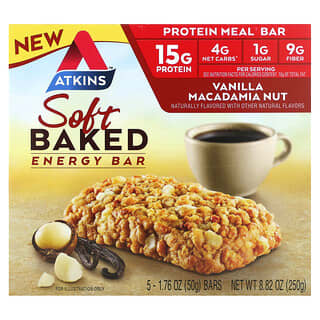 Atkins‏, Soft Baked Energy Bar, Vanilla Macadamia Nut, 5 Bars, 1.76 oz (50 g) Each