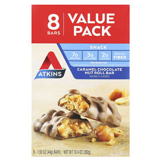 Atkins, Lanche, Barra para Rolos de Fruto Seco, Chocolate e Caramelo, 8 Barras, 44 g (1,55 oz) Cada