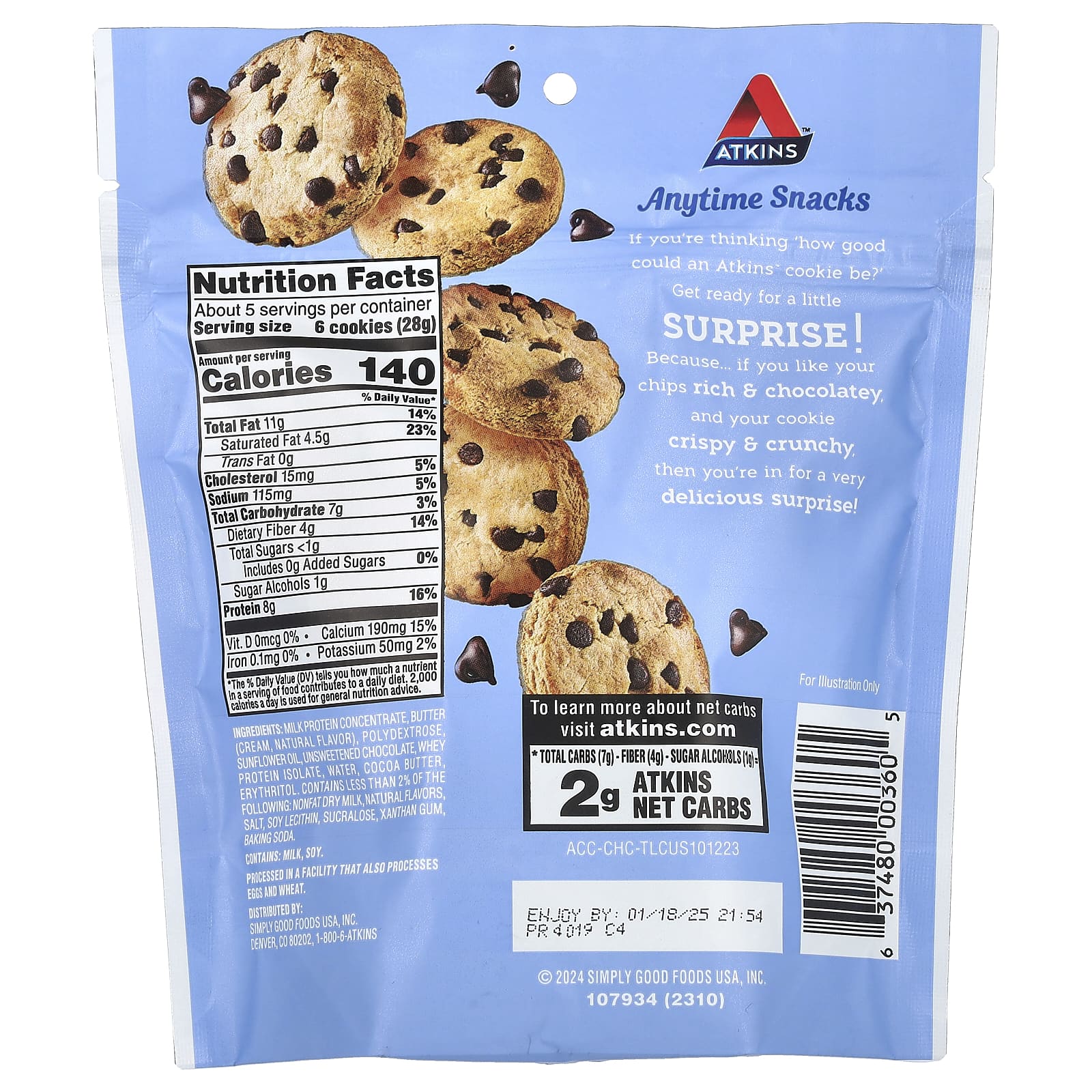 Atkins, Anytime Snacks, Crunchy Protein Cookies, Chocolate Chip, 4.94 ...