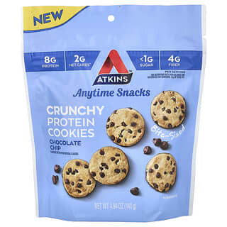 Atkins, 언제나 먹을 수 있는 스낵, 크런치 프로틴 쿠키, 초콜릿 칩, 140g(4.94oz)