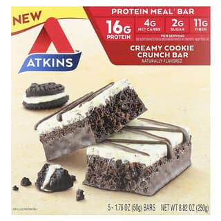 Atkins, Barrita de comida proteica, Cremosa galleta crujiente, 5 barritas, 50 g (1,76 oz) cada una