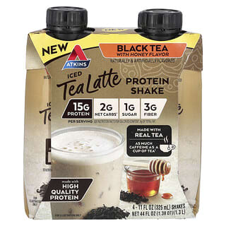 Atkins, Shake Proteico de Latte e Chá Gelado, Chá Preto com Mel, 4 Shakes, 325 ml (11 fl oz) Cada