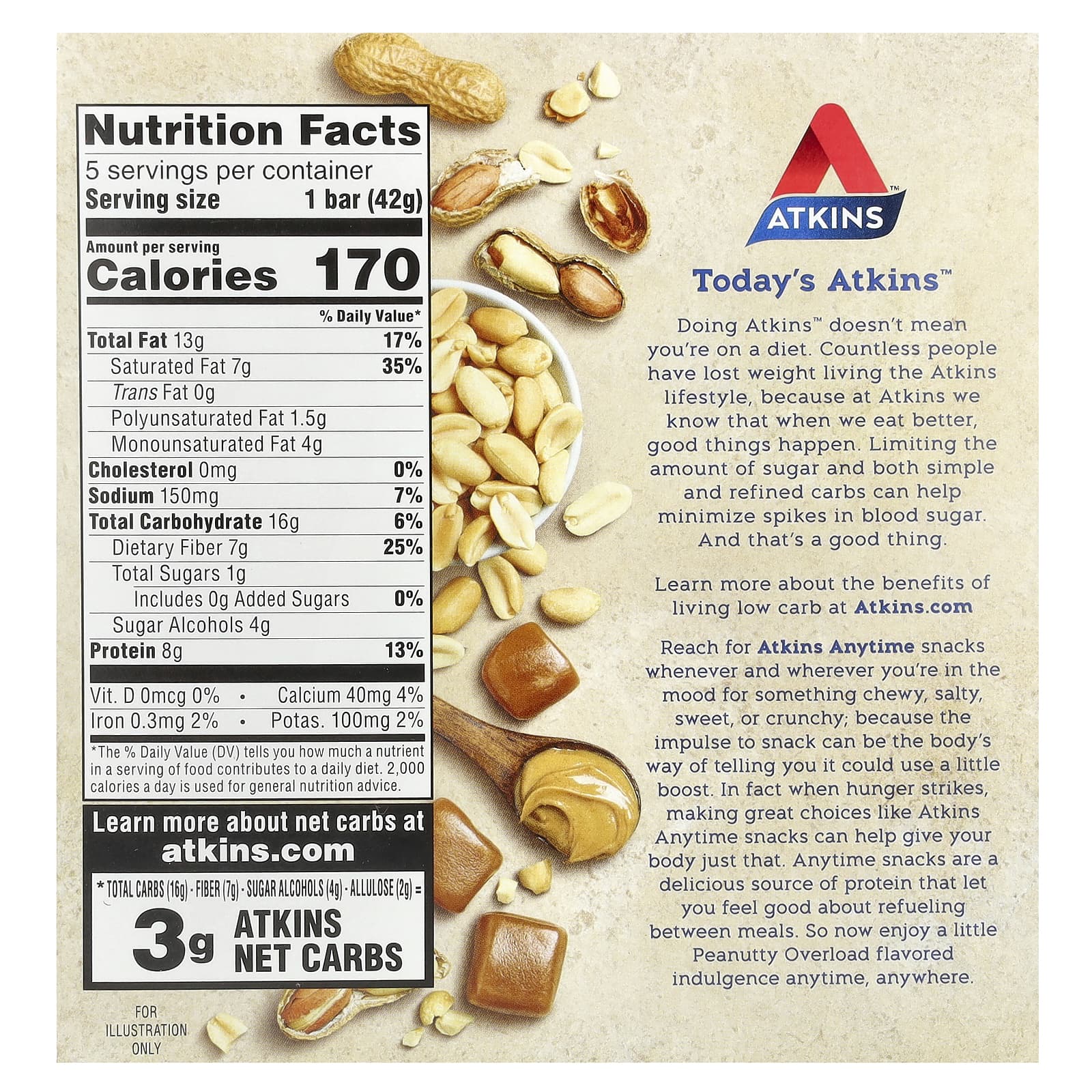 Atkins, Snack, Peanutty Overload Bar, 5 Bars, 1.48 oz (42 g) Each