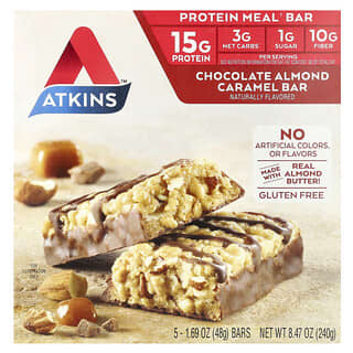 Atkins, Protein Meal Bar, Protein Meal Bar, Schokolade-Mandel-Karamell, 5 Riegel, je 48 g (1,69 oz.).