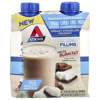 Atkins, Shake riche en protéines, Chocolat crémeux à la noix de coco, 4 shakes, 325 ml chacun