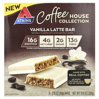 Atkins, Coffee House Collection, Barre de latte à la vanille, 5 barres, 60 g chacune