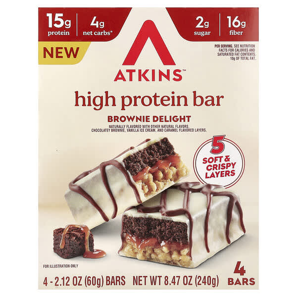 Atkins, 하이 프로틴 바, 브라우니 딜라이트, 바 4개, 각 60g(2.12oz)
