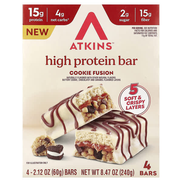 Atkins, High Protein Bar, Cookie Fusion, 4 Bars, 2.12 oz (60 g) Each