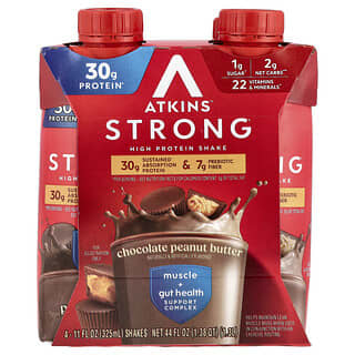 Atkins, Strong, High Protein Shake, starker, proteinreicher Shake, Schokoladen-Erdnussbutter, 4 Shakes, je 325 ml (11 fl. oz.).