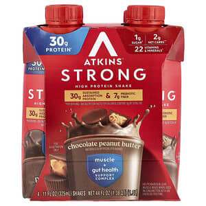 Atkins, Strong, High Protein Shake, Chocolate Peanut Butter, 4 Shakes, 11 fl oz (325 ml) Each