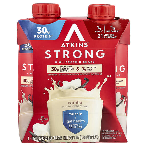 Atkins Strong, High Protein Shake, Vanilla, 4 Shakes, 11 fl oz (325 ml) Each