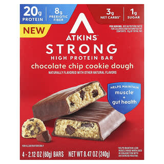 Atkins, Barre forte et riche en protéines, Pâte à cookies aux pépites de chocolat, 4 barres, 60 g chacune