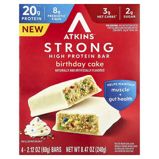 Atkins, Barre forte et riche en protéines, Gâteau d'anniversaire, 4 barres, 60 g chacune
