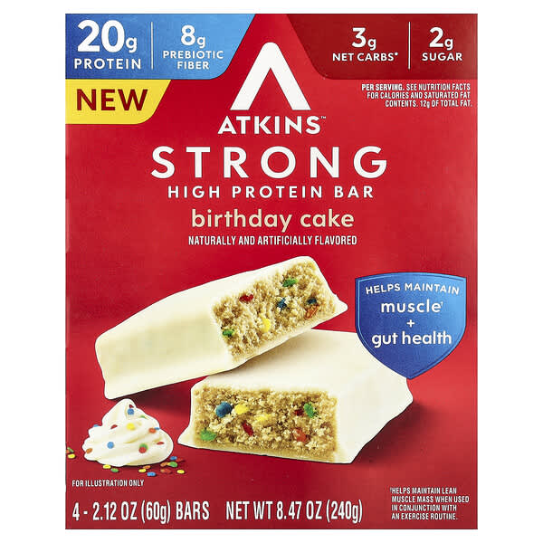 Strong, High Protein Bar, Birthday Cake, 4 Bars, 2.12 oz (60 g) Each