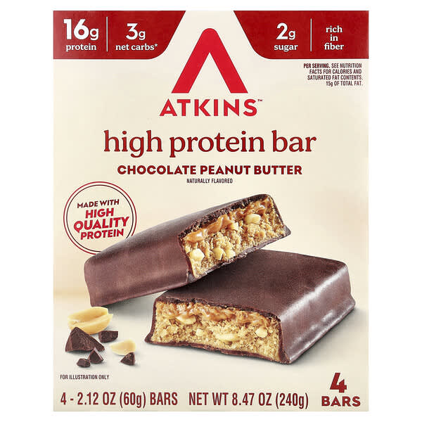 Atkins, High Protein Bar, Chocolate Peanut Butter, 4 Bars, 2.12 oz (60 g) Each
