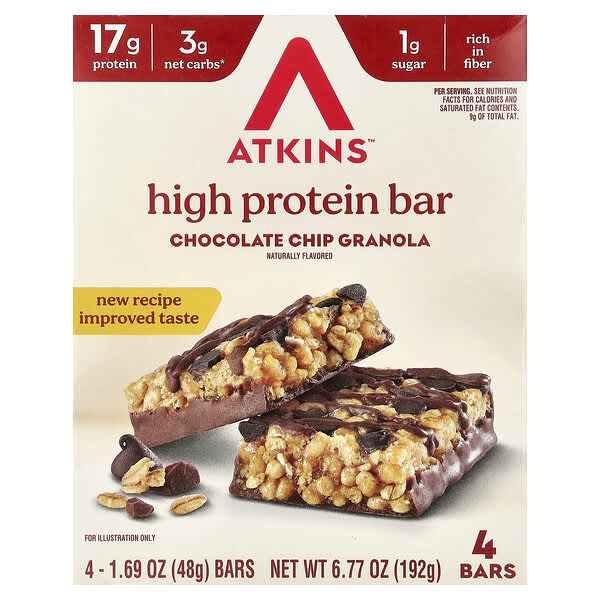 Atkins, High Protein Bar, Chocolate Chip Granola, 4 Bars, 1.69 oz (48 g) Each