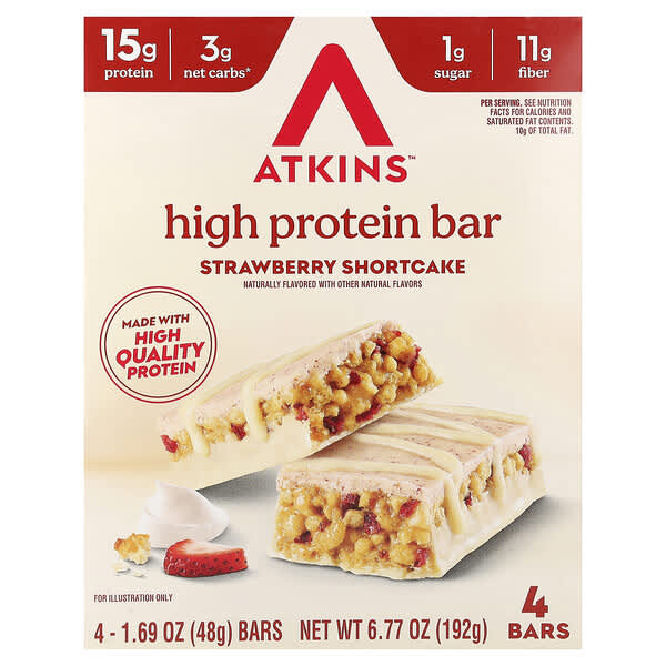 Atkins, High Protein Bar, Strawberry Shortcake, 4 Bars, 1.69 oz (48 g) Each