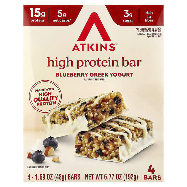 Atkins, 하이 프로틴 바, 블루베리 그릭 요거트, 바 4개, 각 48g(1.69oz)