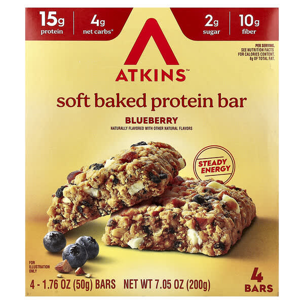 Atkins, Soft Baked Protein Bar, Blueberry, 4 Bars, 1.76 oz (50 g) Each
