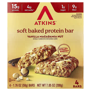 Atkins, Barrita proteica blanda horneada, Vainilla y nuez de macadamia, 4 barritas, 50 g (1,76 oz) cada una