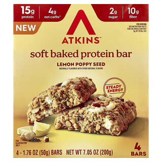 Atkins, Soft Baked Protein Bar, weicher, gebackener Proteinriegel, Zitrone-Mohnsamen, 4 Riegel, je 50 g (1,76 oz.).