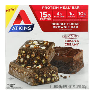 Atkins‏, ארוחת חטיף חלבון, בראוני דאבל שוקולד, 5 חטיפים, 48 גרם (1.69 אונקיות) כל אחד
