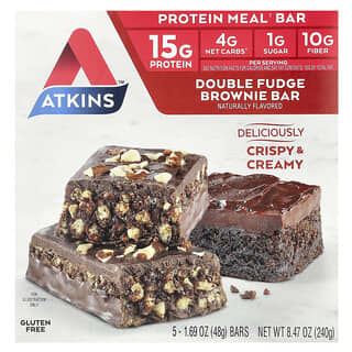 Atkins, Barrita proteica para comidas, Barrita de brownie con doble chocolate, 5 barritas, 48 g (1,69 oz) cada una