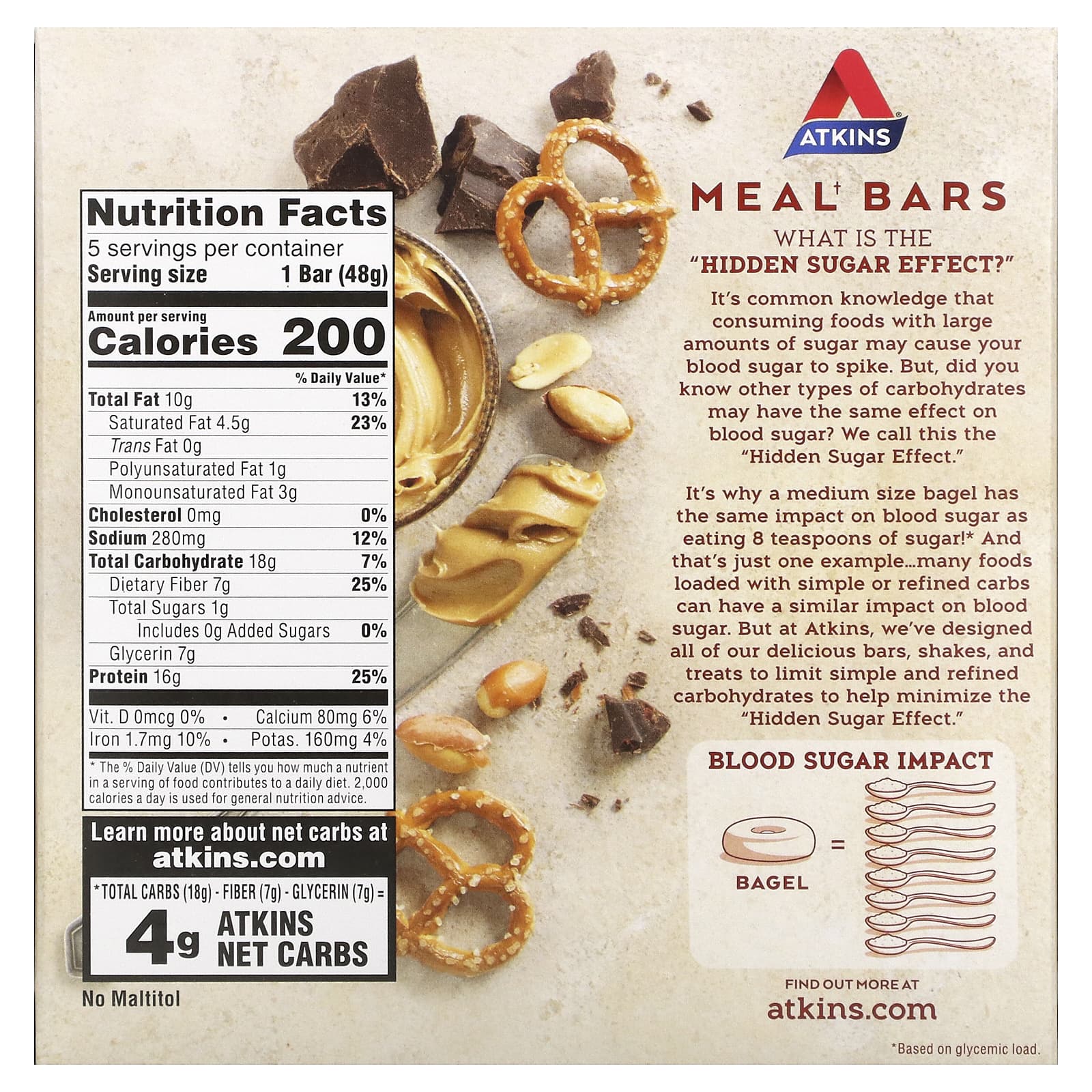 Atkins, Protein Meal Bar, Chocolate Peanut Butter Pretzel, 5 Bars, 1.69