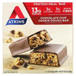 Atkins, Protein Meal Bar, Chocolate Chip Cookie Dough Bar, 5 Bars, 2.12 oz (60 g) Each