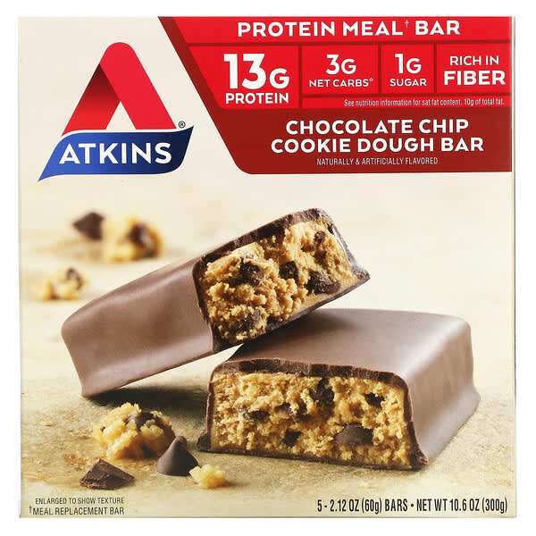 Atkins, Protein Meal Bar, Chocolate Chip Cookie Dough, 5 Bars, 2.12 oz (60 g) Each