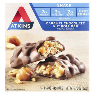 Atkins, En-cas, Barre enrobée de chocolat au caramel et aux noix, 5 barres, 44 g chacune