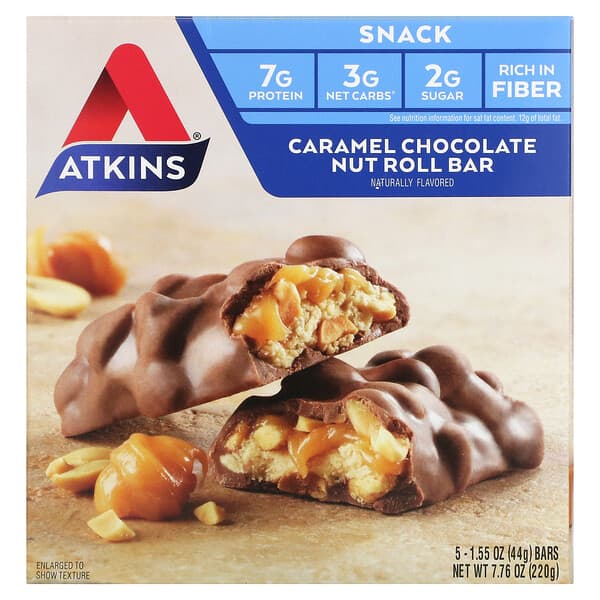 Atkins, En-cas, Barre enrobée de chocolat au caramel et aux noix, 5 barres, 44 g chacune