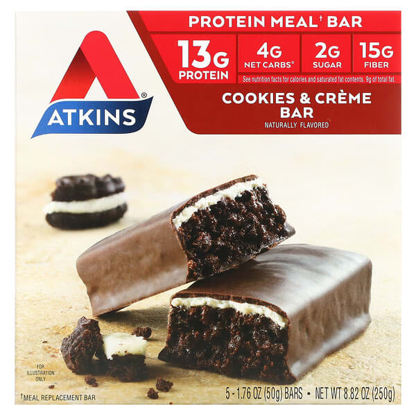 Atkins, 단백질이 풍부한 식사 대용 바, 쿠키 앤 크림 바, 5개, 각 50g(1.76oz)