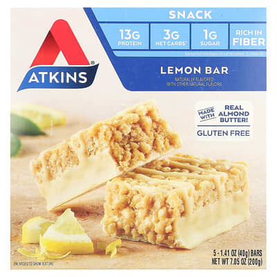 Atkins, Snacks, Lemon Bars, 5 Bars, 1.41 oz (40 g) Each