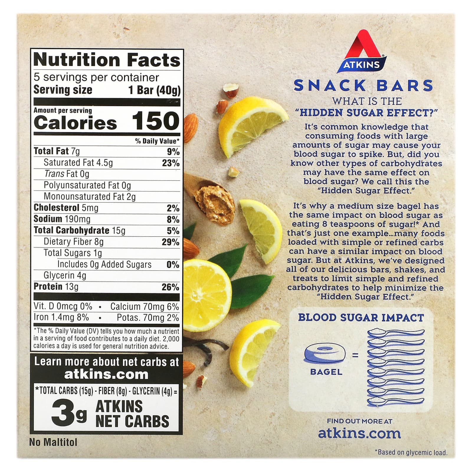 Atkins, Lemon Bar, 5 Bars, 1.41 oz (40 g) Each