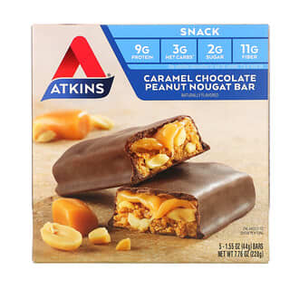 Atkins, Collation, barre au chocolat, caramel, cacahuètes et nougat, 5 barres, 44 g (1,6 oz) chacune