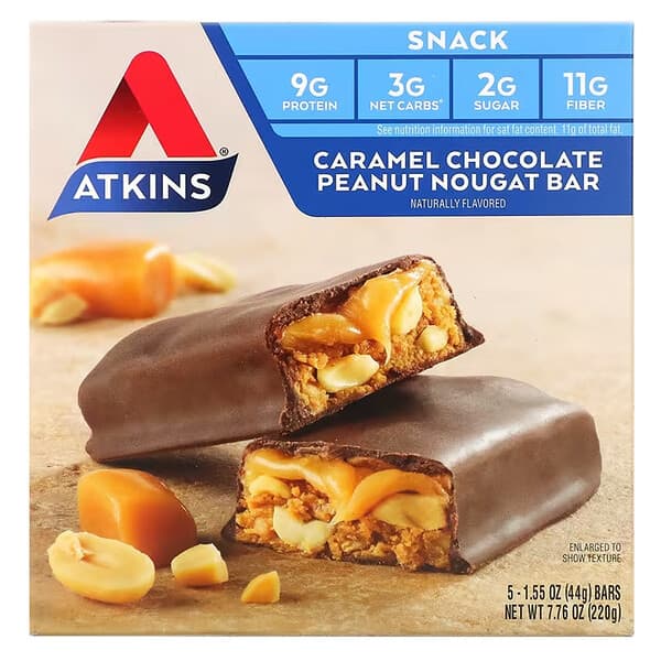 Atkins, 小吃，焦糖巧克力花生脆棒，5 條，每條 1.55 盎司（44 克）