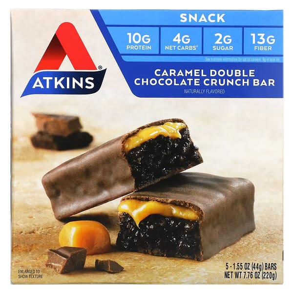 Atkins, Refrigerio, barra de chocolate crujiente con caramelo doble, 5 barras, 1,55 oz (44 g) cada una